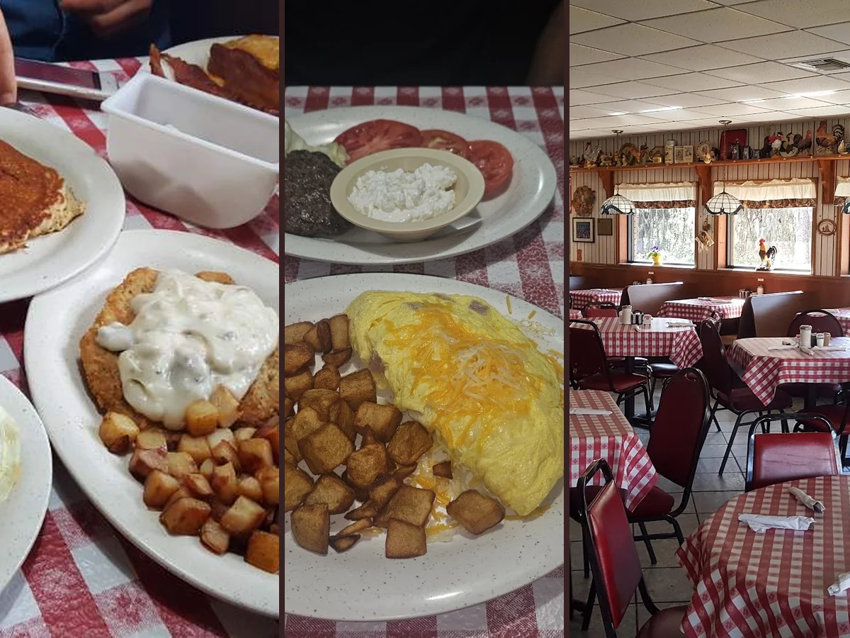 Casual breakfast tables inside Roosters Cafe.