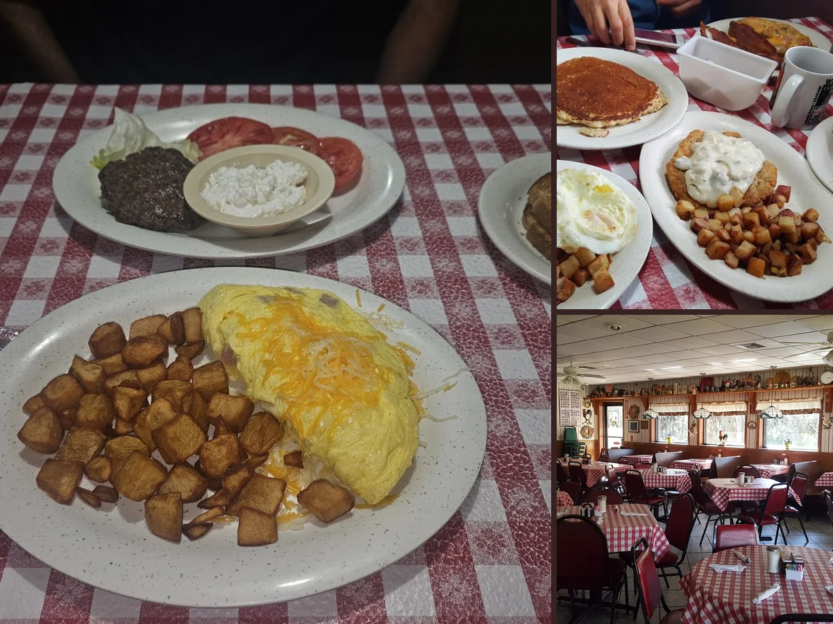 Plates of home-style breakfast food on a table.
