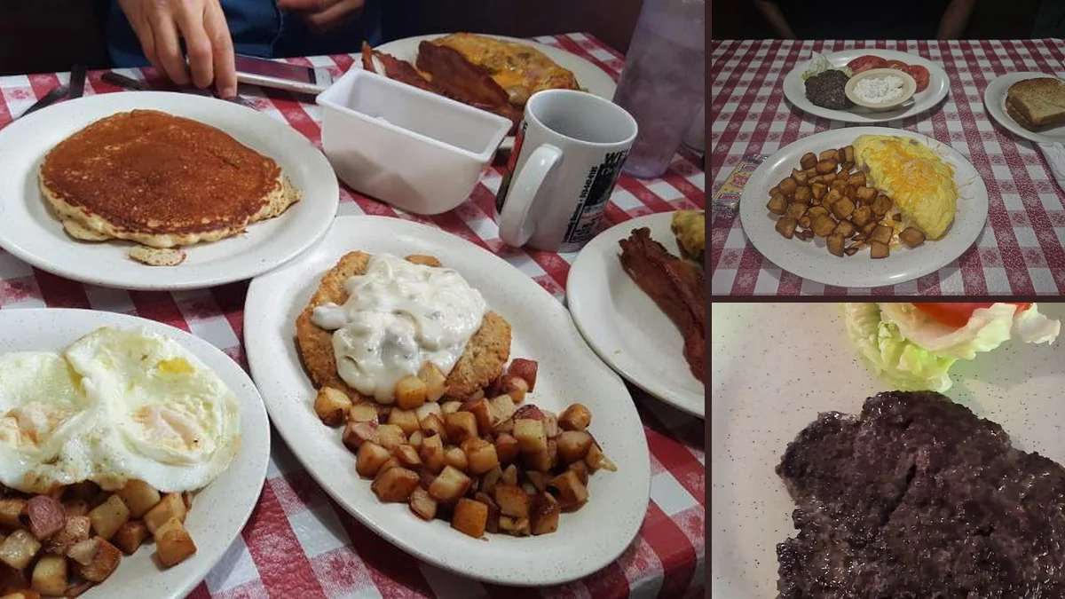 Casual breakfast tables inside Roosters Cafe.